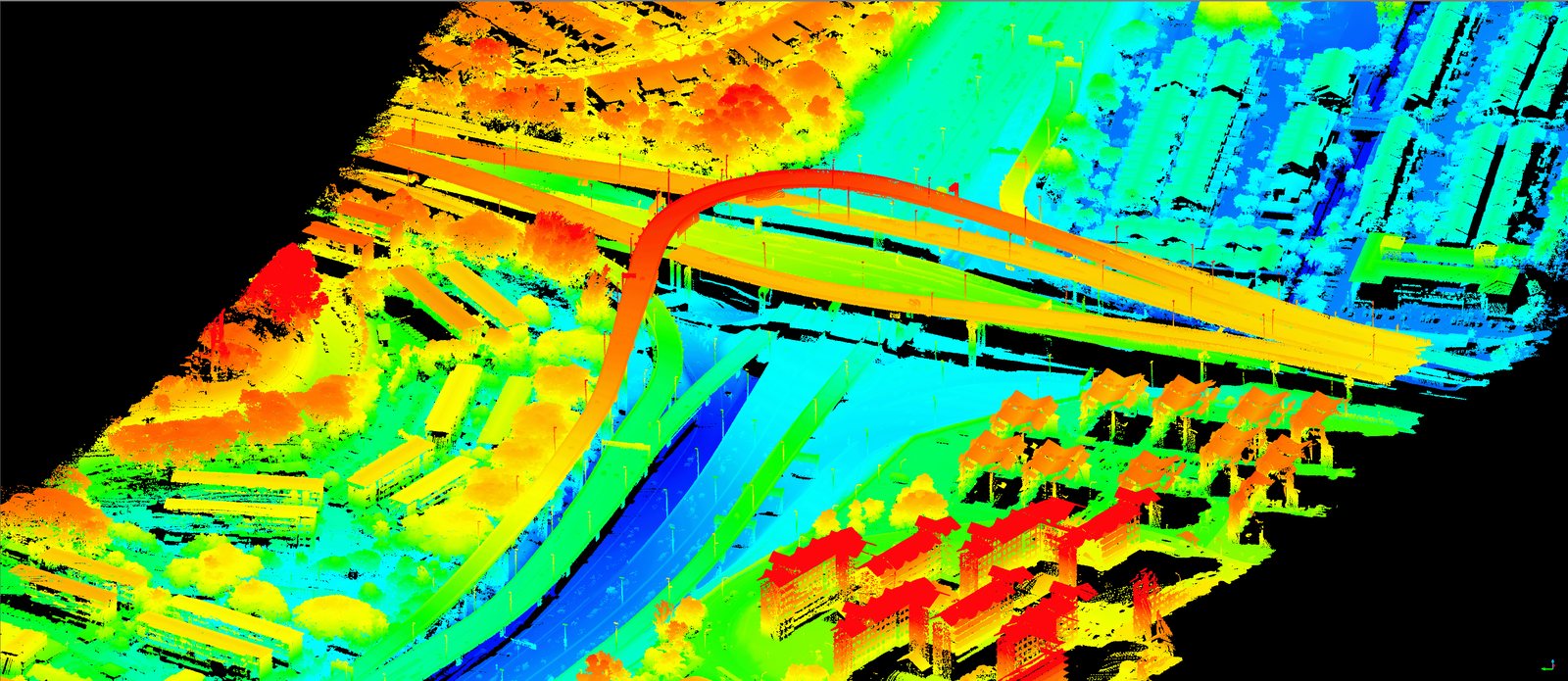 Airborne LiDAR point cloud, highway interchange — elevation colours ↔ true-colour RGB