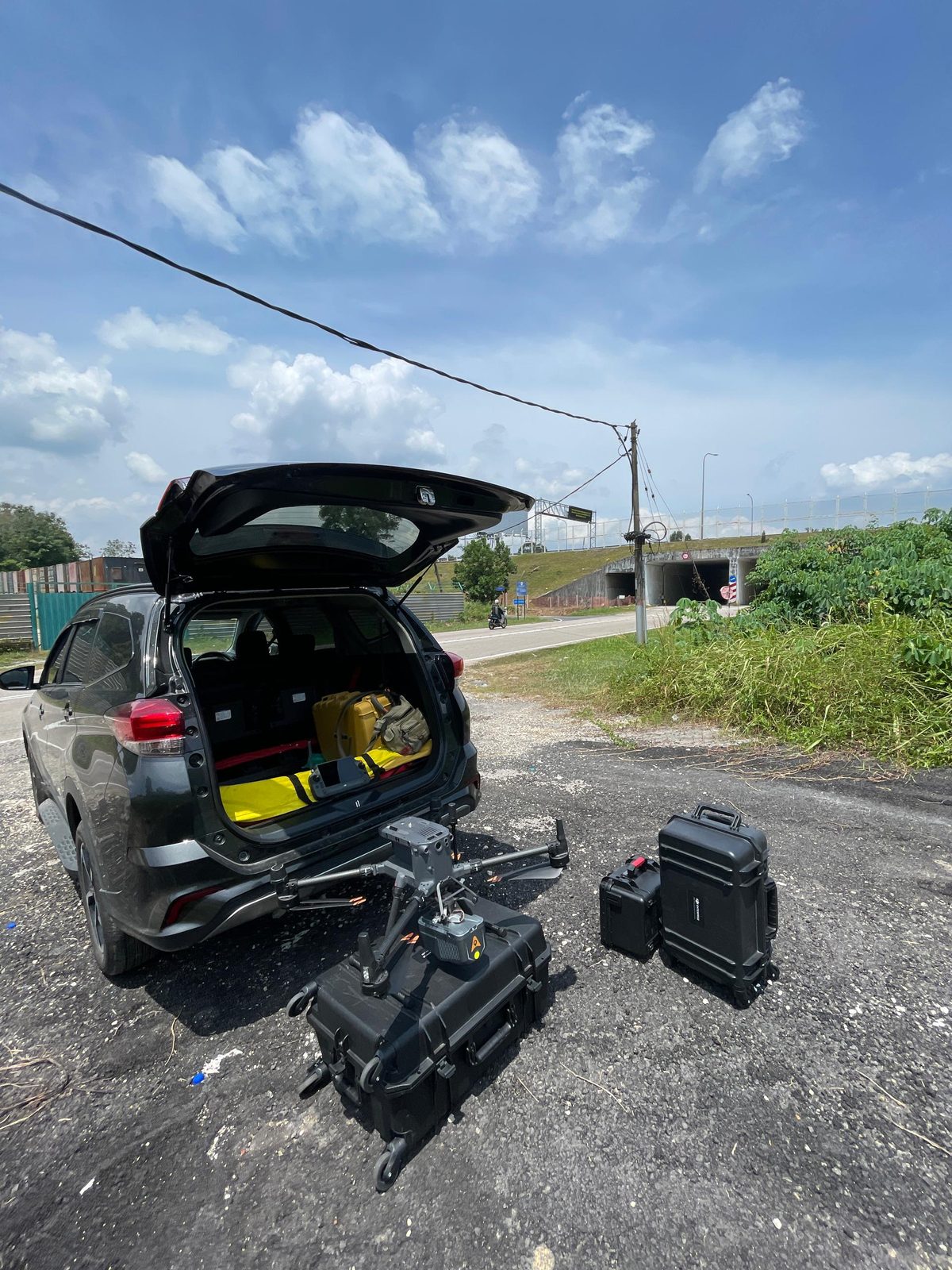 LiDAR UAV and equipment staged on site