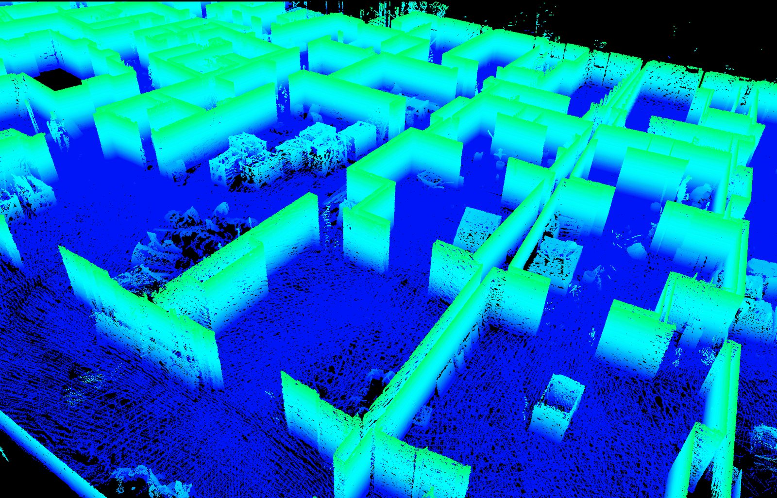 Registered interior point cloud — elevation levels ↔ true colour